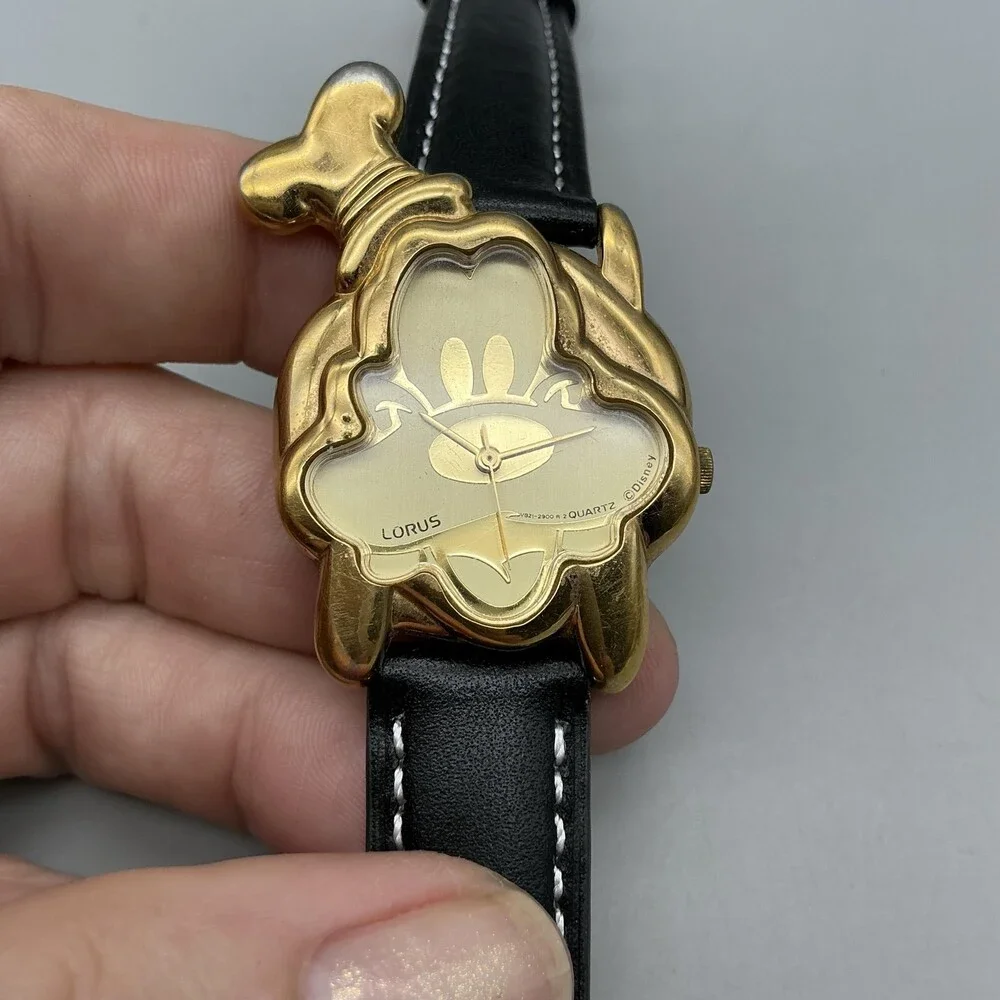 Vtg Lorus Womens Watch 30mm Disney Goofy Gold Tone Black Leather New Battery